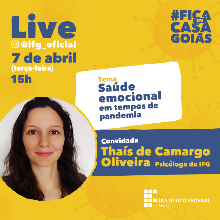 A psicóloga Thaís de Camargo Oliveira será entrevistada ao vivo nesta terça-feira, 7 de abril, às 15h, no Instagram do IFG A psicóloga Thaís de Camargo Oliveira será entrevistada ao vivo nesta terça-feira, 7 de abril, às 15h, no Instagram do IFG