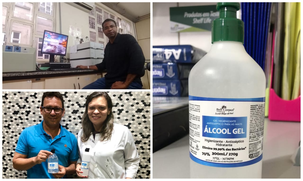 Na montagem, foto do professor do Câmpus Goiânia do IFG, Sérgio Botelho. Abaixo, foto do diretor da Bell Corpus Cosméticos, Miguel Arcanjo da Silva, e da responsável técnica e química industrial, Simone Rodrigues de Oliveira. Ao lado, o álcool em gel produzido pela empresa de cosméticos por meio da parceria com o Câmpus Goiânia do IFG. Na montagem, foto do professor do Câmpus Goiânia do IFG, Sérgio Botelho. Abaixo, foto do diretor da Bell Corpus Cosméticos, Miguel Arcanjo da Silva e da responsável técnica e química industrial, Simone Rodrigues de Oliveira. Ao lado, o álcool em gel produzido pela empresa de cosméticos por meio da parceria com o Câmpus Goiânia do IFG.