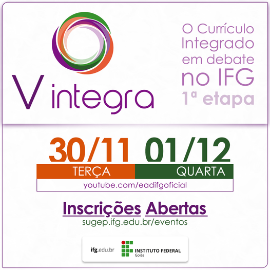 O evento promovido pela Pró-Reitoria de Ensino (Proen) do Instituto Federal de Goiás (IFG) será realizado nos dias 30 e 1º de dezembro, com transmissão pelo canal da EaD IFG, no YouTube O evento promovido pela Pró-Reitoria de Ensino (Proen) do Instituto Federal de Goiás (IFG) será realizado nos dias 30 e 1º de dezembro, com transmissão pelo canal da EaD IFG, no YouTube