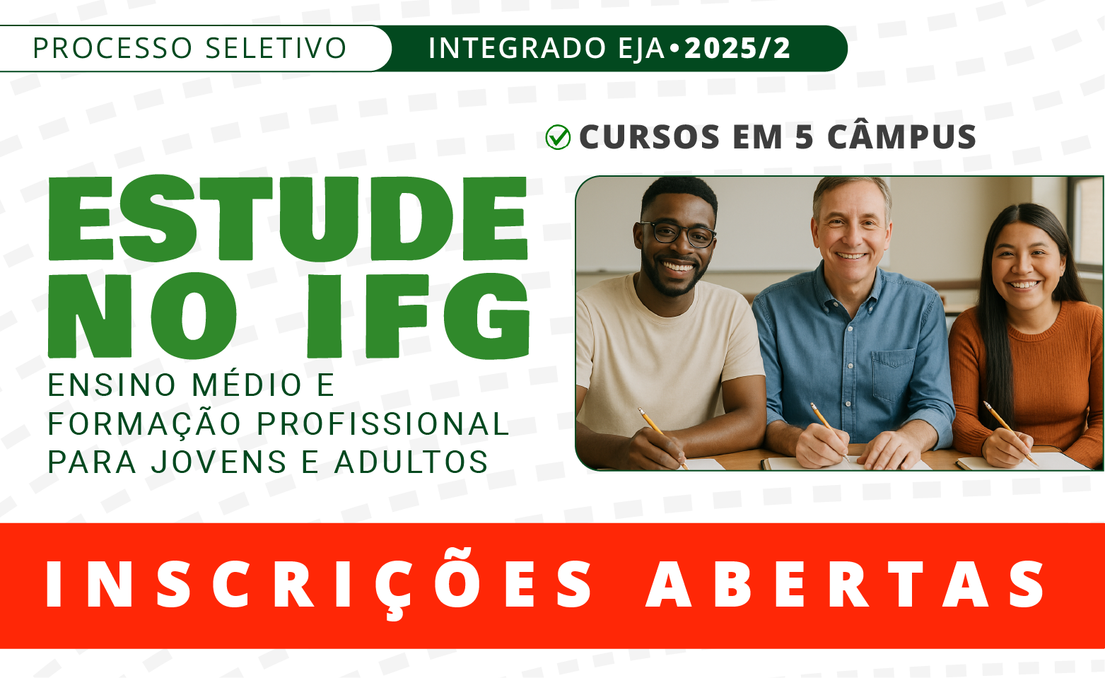 São ofertadas 167 vagas em 5 câmpus. Seleção será feita por meio de palestra e sorteio das vagas São ofertadas 167 vagas em 5 câmpus. Seleção será feita por meio de palestra e sorteio das vagas