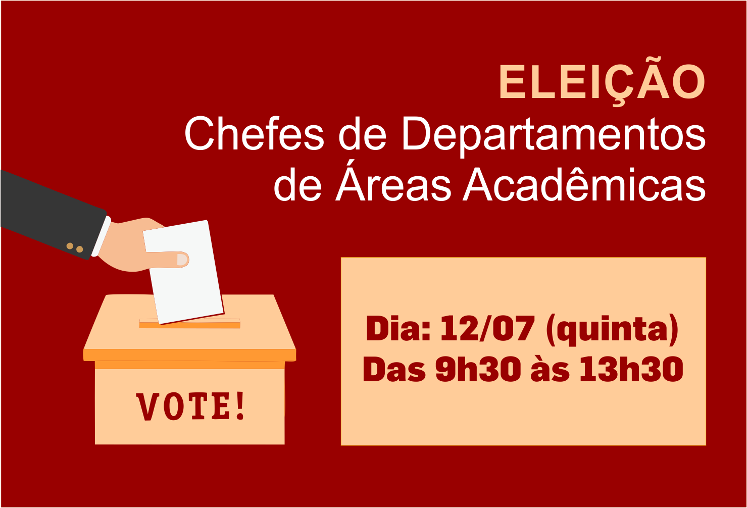Votação para eleição de chefes dos departamentos acadêmicos 2, 3 e 4 será realizada no dia 12 de julho, no Câmpus Goiânia. Votação para eleição de chefes dos departamentos acadêmicos 2, 3 e 4 será realizada no dia 12 de julho, no Câmpus Goiânia.
